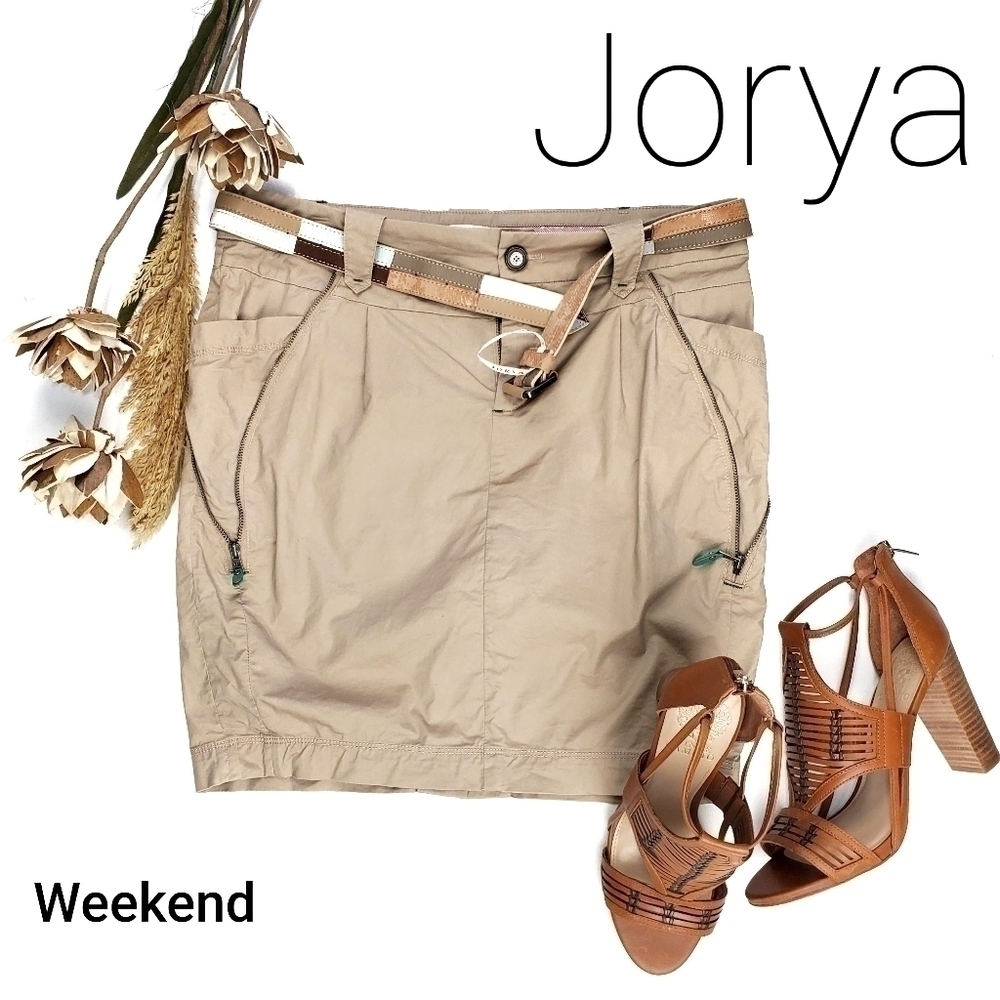 JORYA  Beige Belted Faux Zipper Pocketed Skirt 8